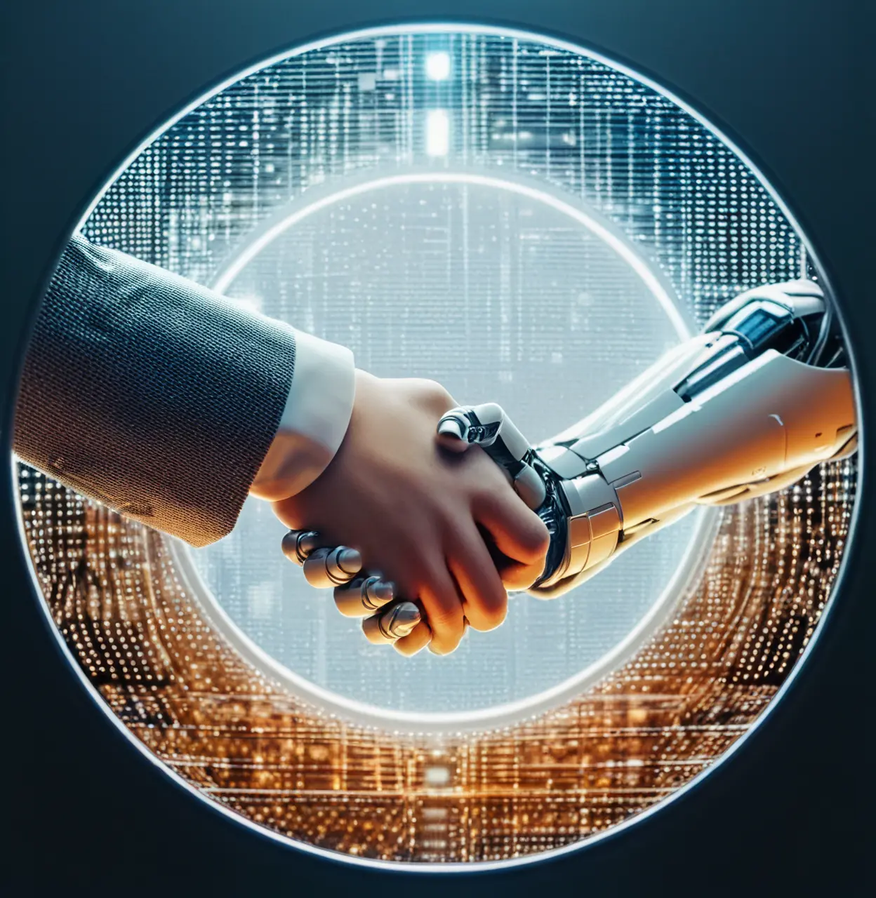 A robot and a man in a suit shake hands, symbolizing collaboration between AI and business innovation.