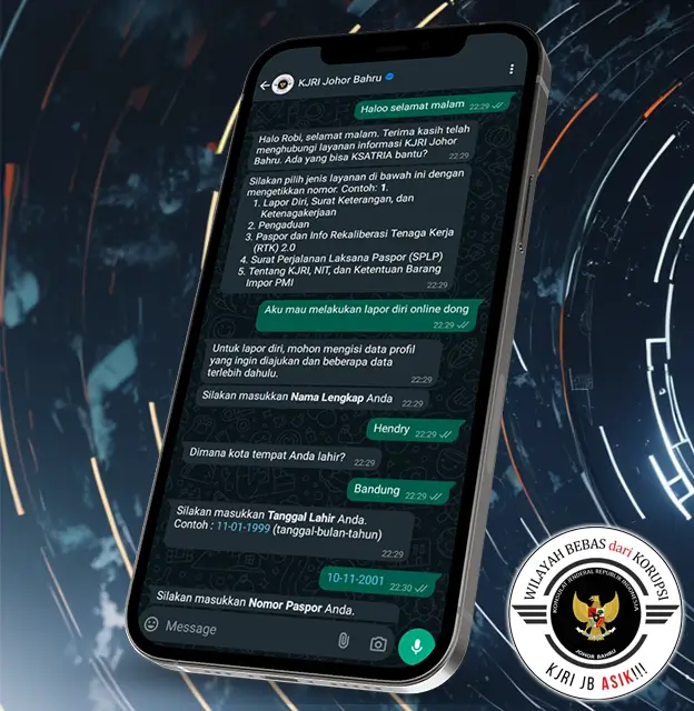 A smartphone screen showing a WhatsApp conversation with KJRI Johor Bahru. The messages include inquiries about passport services, such as asking for full name, birth date, and passport number.