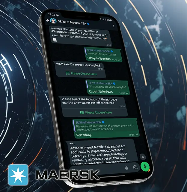 A smartphone screen showing a WhatsApp conversation with Seiya . Showing features like shipment tracking, scheduling, and payment options.