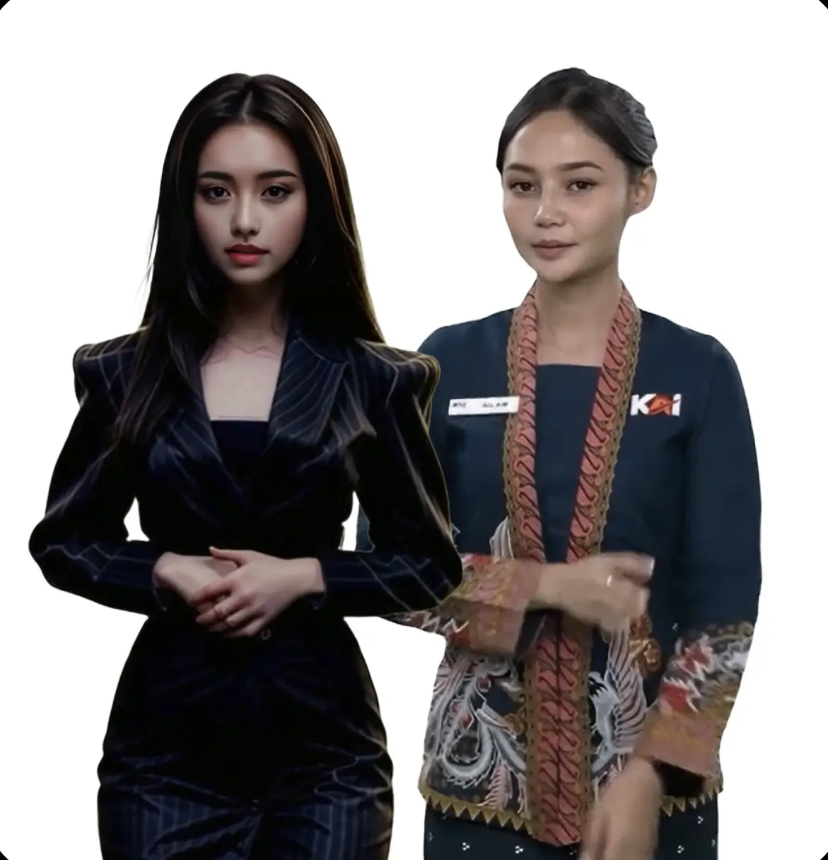 Two women in business attire standing side by side, representing professionalism and collaboration in a corporate environment.