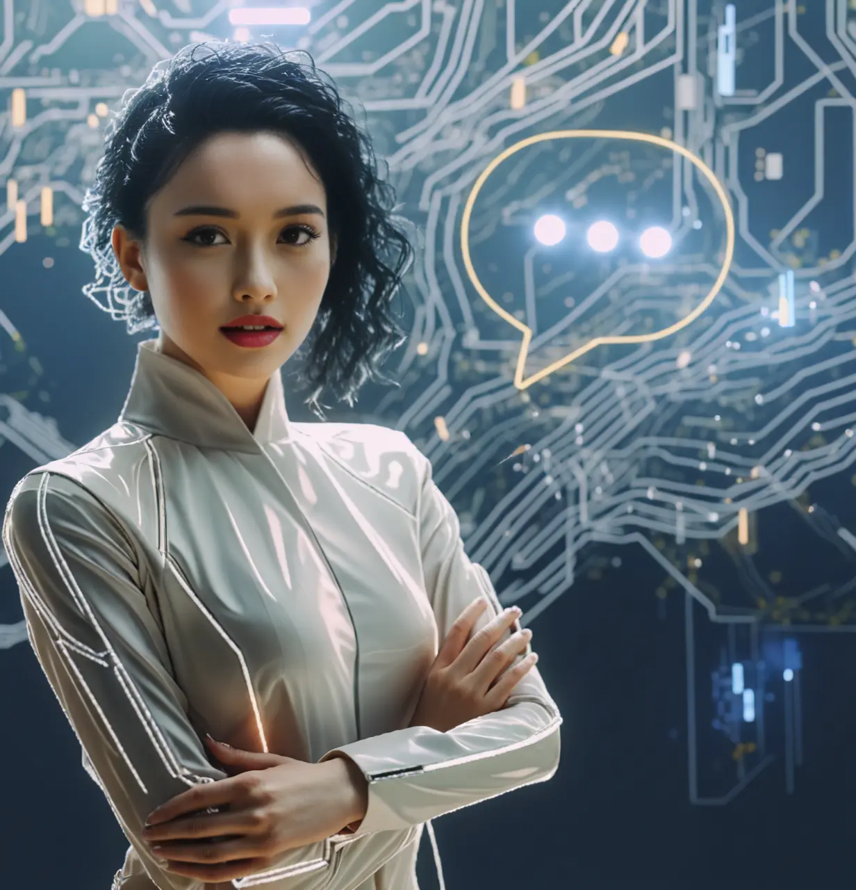 In a striking futuristic suit, a woman poses before a dynamic, advanced backdrop, symbolizing the future of technology and design.