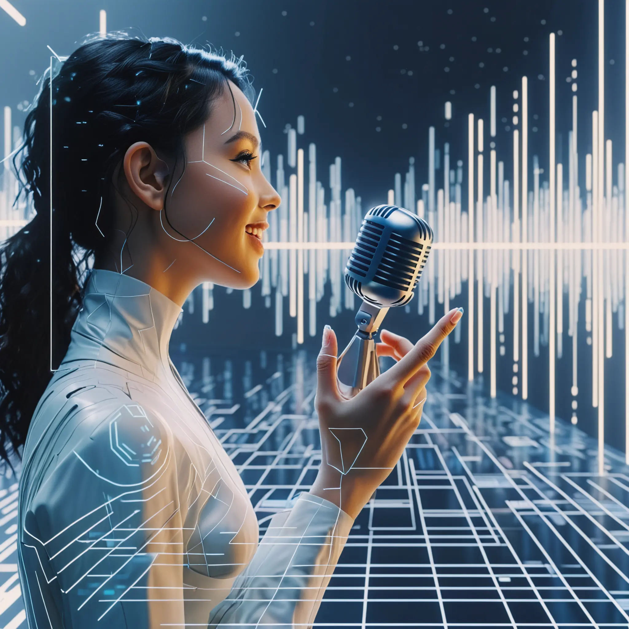 A woman speaking into a microphone, showcasing advanced voice communication technology for enhanced accessibility and interaction.