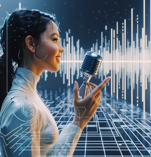 A woman speaking into a microphone, showcasing advanced voice communication technology for enhanced accessibility and interaction.