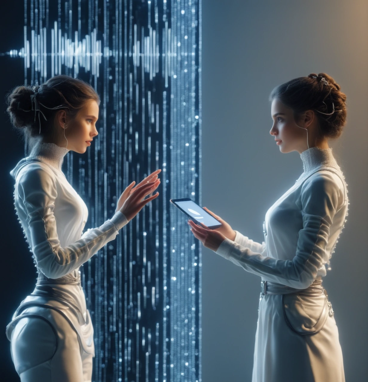 Two women in futuristic attire engage in conversation, showcasing a blend of technology and modern fashion.