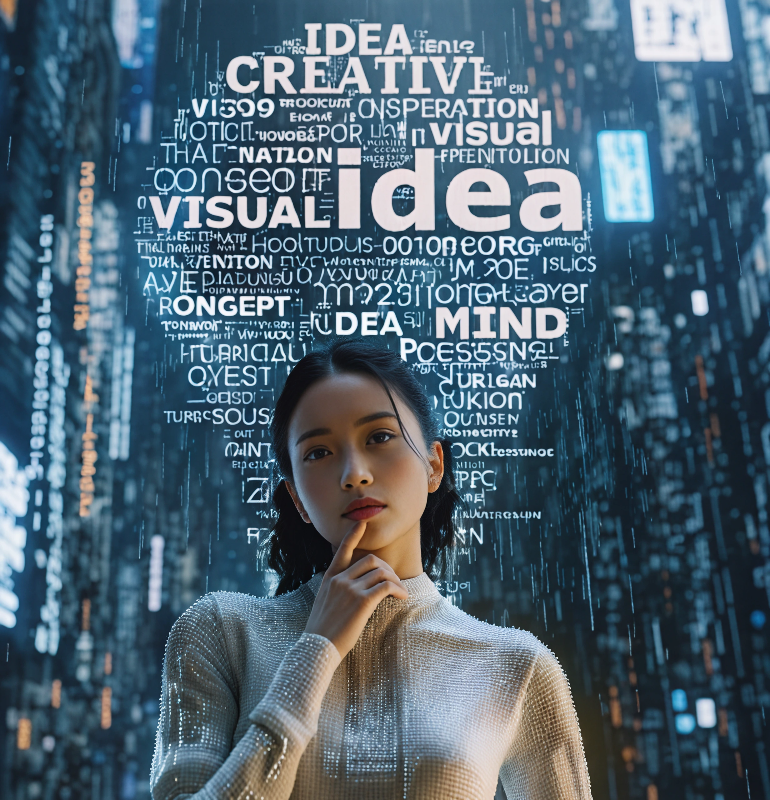 A woman in a white sweater and black dress stands amidst a cloud of words representing innovative ideas and concepts.