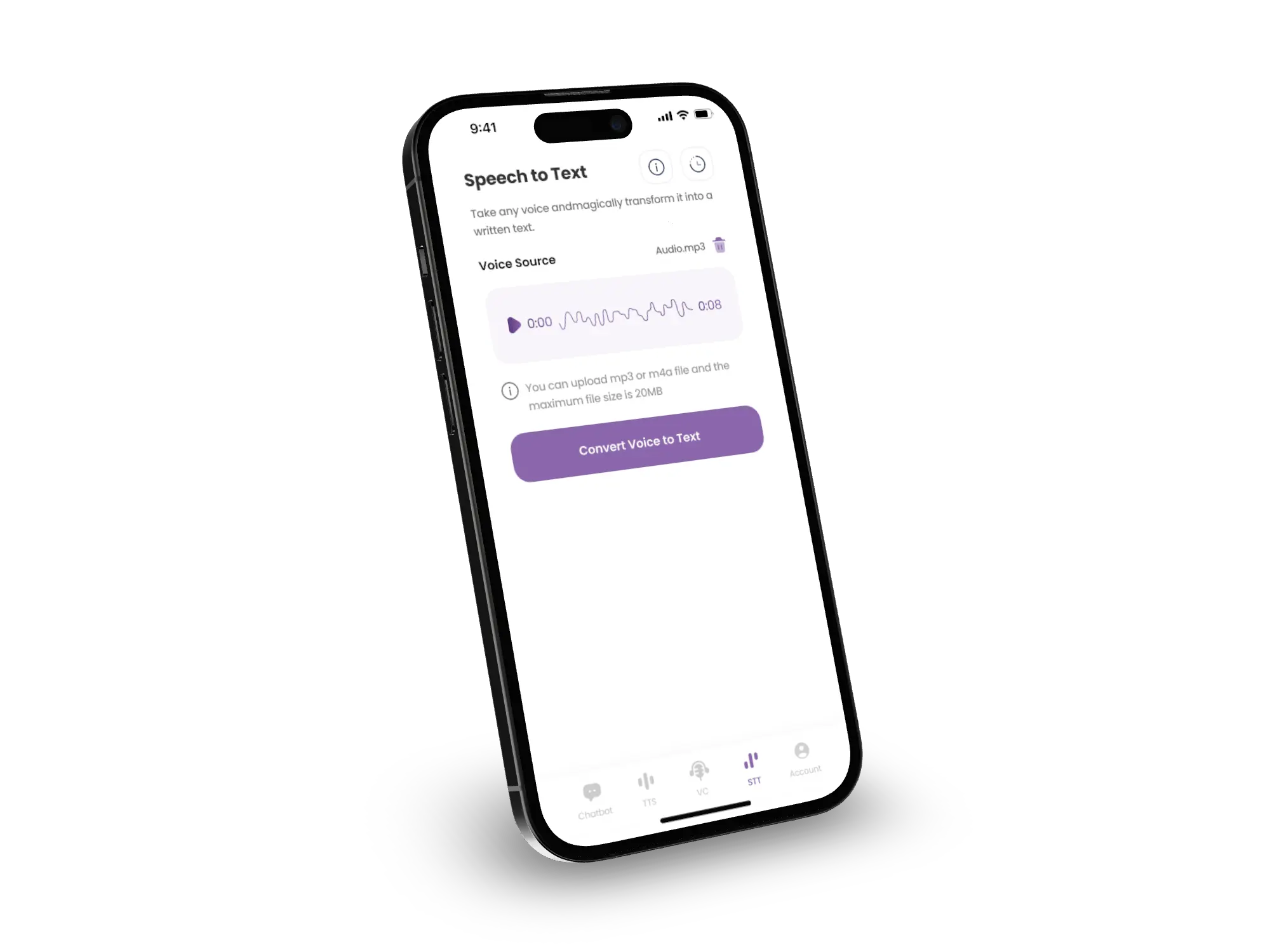 A hand holds a smartphone showing a Speech to Text app with transcription results and audio visualization. The interface includes options for Home, Files, Calendar, Reminders, and Settings in white and purple.