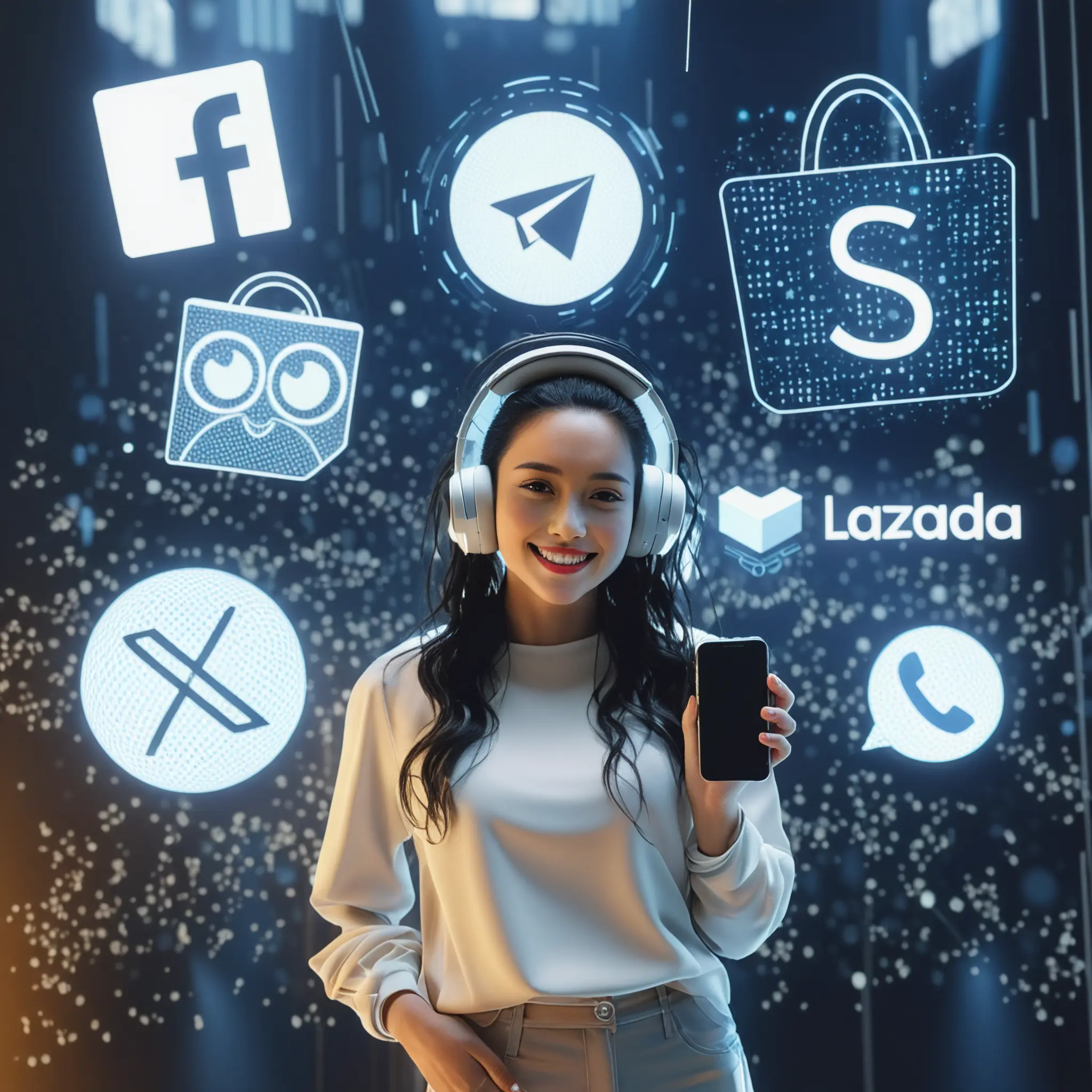 A woman holds a smartphone surrounded by social media icons, symbolizing integrated communication and enhanced customer experience.