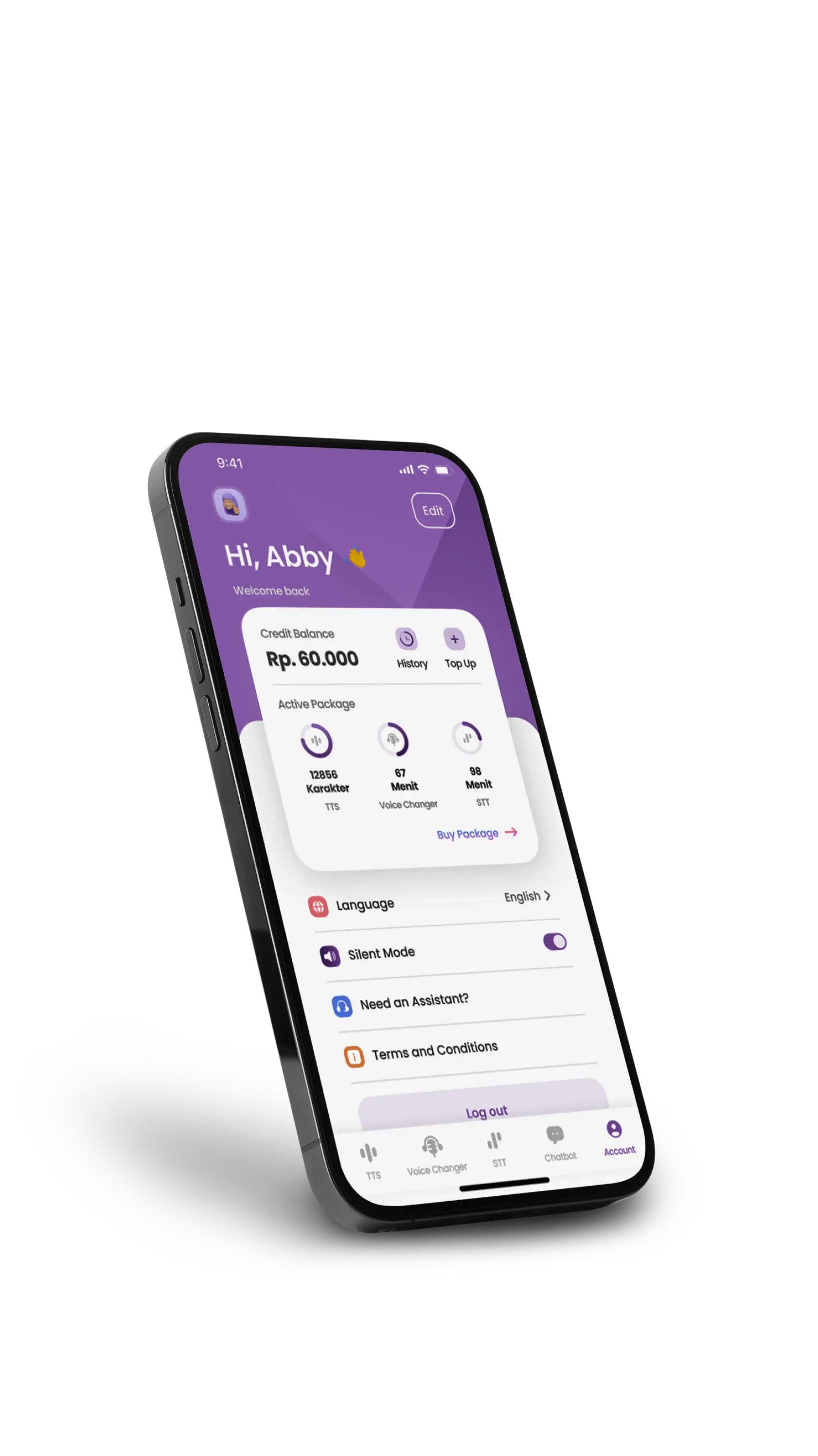 A smartphone screen with a mobile app interface username and a credit balance of Rp. 60,000, with options like History, Top Up, Silent Mode, and Need Assistance? on a purple background.