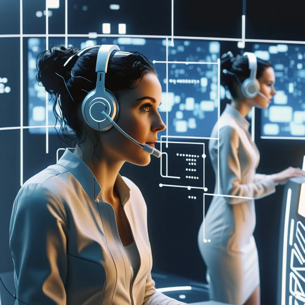 Two women in white shirts and headsets collaborate on a computer, utilizing advanced speech-to-text technology.