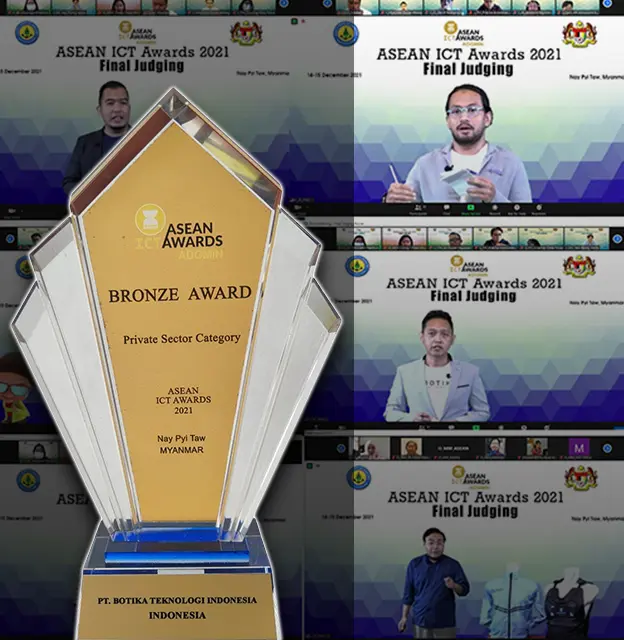 An image showing a bronze award trophy for the ASEAN ICT Awards 2021 in the Private Sector Category, awarded to PT. Botika Teknologi Indonesia..