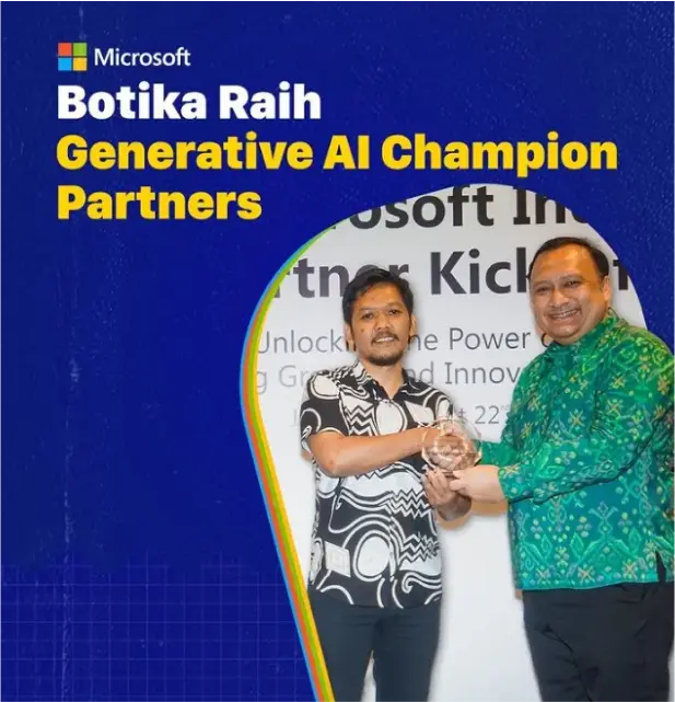 Image of Botika's AI Champion award presentation at the Microsoft Indonesia event, celebrating innovation and growth in 2023.