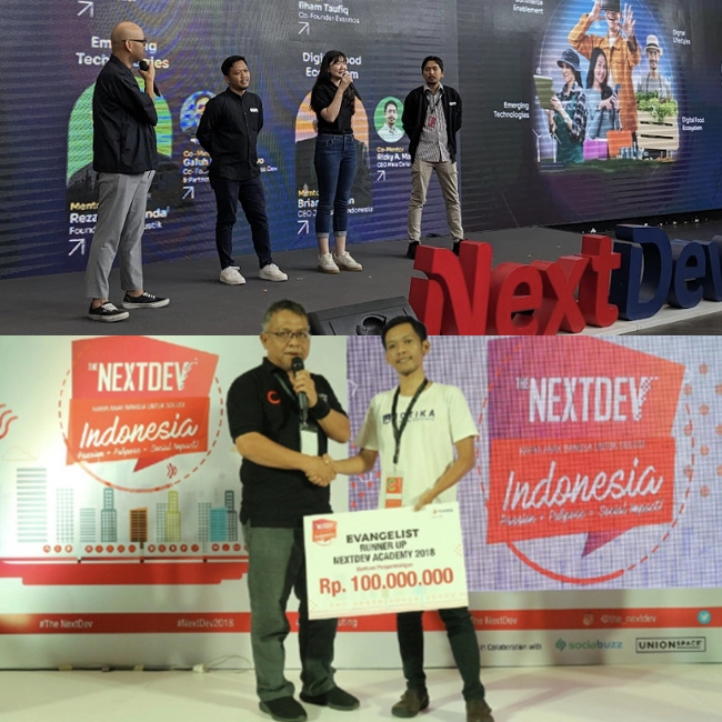 Two men stand side by side, proudly holding a large check, symbolizing their achievement in the 2018 Telkomsel NextDev awards.